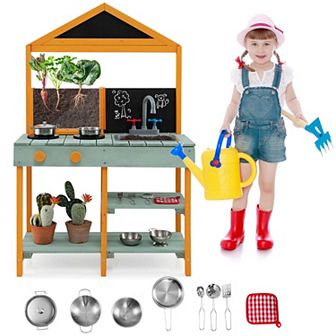 Costway Outdoor Mud Kitchen Playset with Planter and Removable Sink