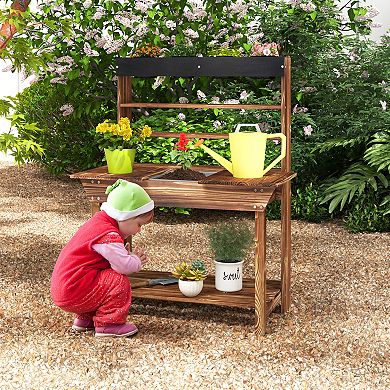 Costway Kids Wooden Potting Bench Gardening Center with Removable Sink & Chalkboard