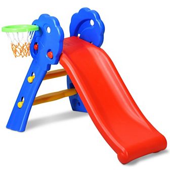 Costway 2 Step Folding Slide with Basketball Hoop for Indoor & Outdoor Play