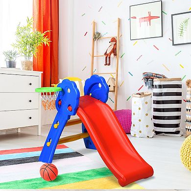 Costway 2 Step Folding Slide with Basketball Hoop for Indoor & Outdoor Play