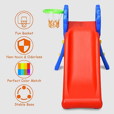 Costway 2 Step Folding Slide with Basketball Hoop for Indoor & Outdoor Play
