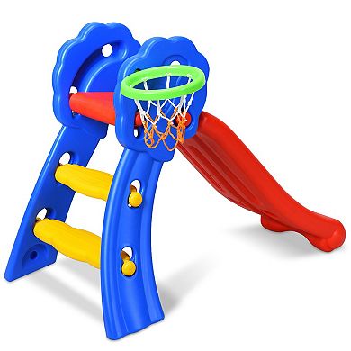 Costway 2 Step Folding Slide with Basketball Hoop for Indoor & Outdoor Play