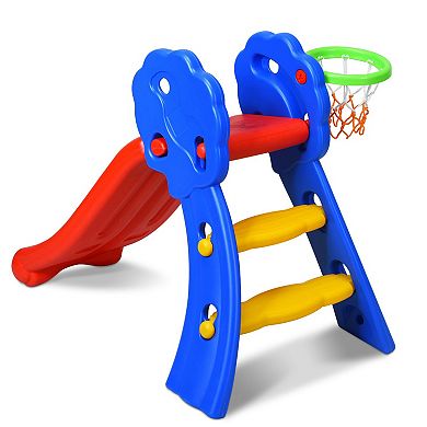 Costway 2 Step Folding Slide with Basketball Hoop for Indoor & Outdoor Play