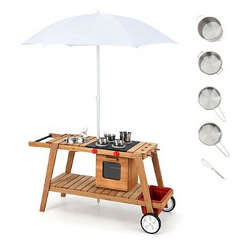 Costway Wooden Kids Play Trolley Cart with Sun Umbrella