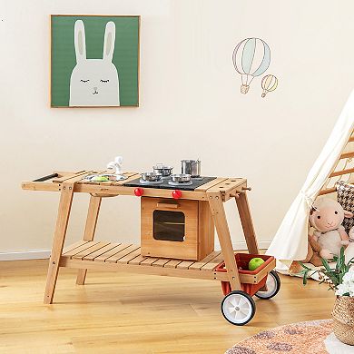 Costway Wooden Kids Play Trolley Cart with Sun Umbrella