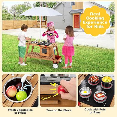 Costway Wooden Kids Play Trolley Cart with Sun Umbrella