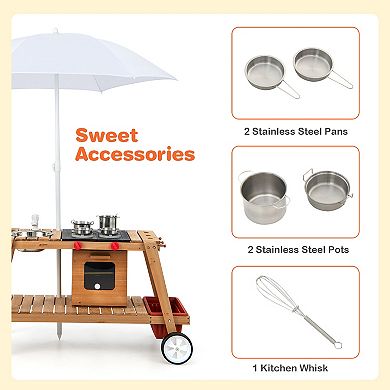 Costway Wooden Kids Play Trolley Cart with Sun Umbrella