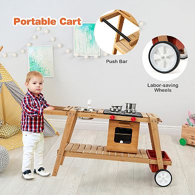 Costway Wooden Kids Play Trolley Cart with Sun Umbrella