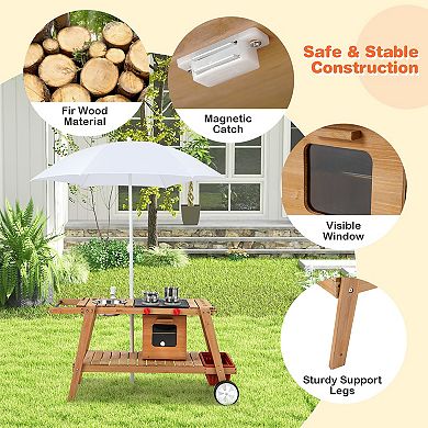 Costway Wooden Kids Play Trolley Cart with Sun Umbrella