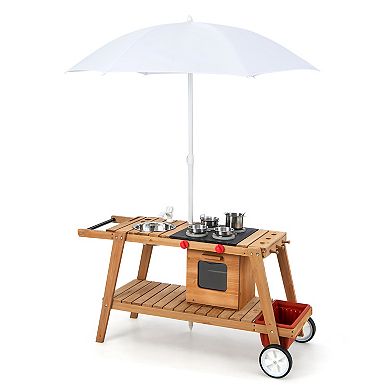 Costway Wooden Kids Play Trolley Cart with Sun Umbrella