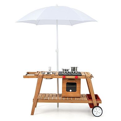 Costway Wooden Kids Play Trolley Cart with Sun Umbrella