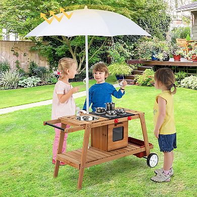 Costway Wooden Kids Play Trolley Cart with Sun Umbrella