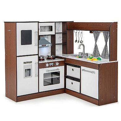 Costway Wooden Corner Play Kitchen with Lights, Sounds, and Water Circulation System