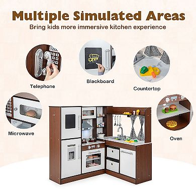 Costway Wooden Corner Play Kitchen with Lights, Sounds, and Water Circulation System