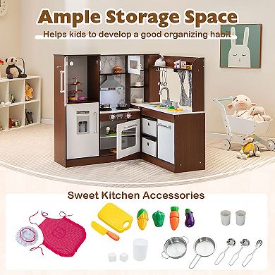 Costway Wooden Corner Play Kitchen with Lights, Sounds, and Water Circulation System