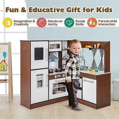 Costway Wooden Corner Play Kitchen with Lights, Sounds, and Water Circulation System