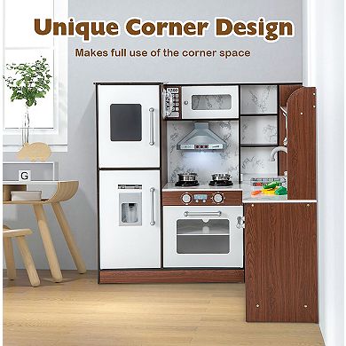 Costway Wooden Corner Play Kitchen with Lights, Sounds, and Water Circulation System