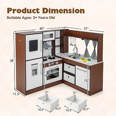 Costway Wooden Corner Play Kitchen with Lights, Sounds, and Water Circulation System