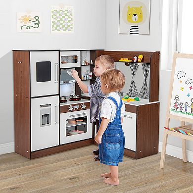 Costway Wooden Corner Play Kitchen with Lights, Sounds, and Water Circulation System