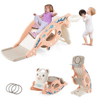 Costway 4-in-1 Kids Slide Rocking Toy with Basketball Hoop and Rings