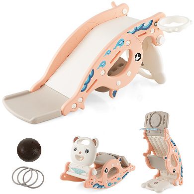 Costway 4-in-1 Kids Slide Rocking Toy with Basketball Hoop and Rings