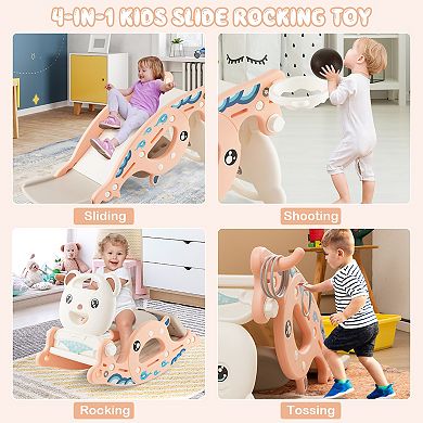 Costway 4-in-1 Kids Slide Rocking Toy with Basketball Hoop and Rings