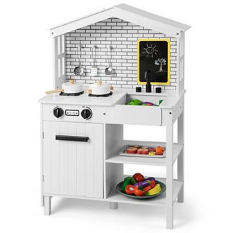 Costway Farmhouse Kitchen Play Set Wooden Pretend Toy with Accessories & Storage