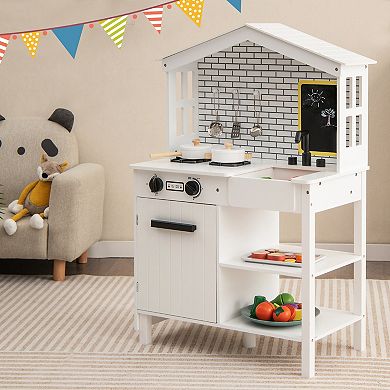 Costway Farmhouse Kitchen Play Set Wooden Pretend Toy with Accessories & Storage