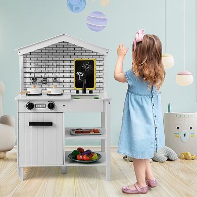 Costway Farmhouse Kitchen Play Set Wooden Pretend Toy with Accessories & Storage