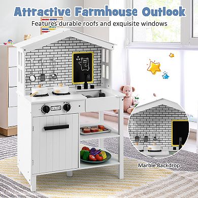Costway Farmhouse Kitchen Play Set Wooden Pretend Toy with Accessories & Storage