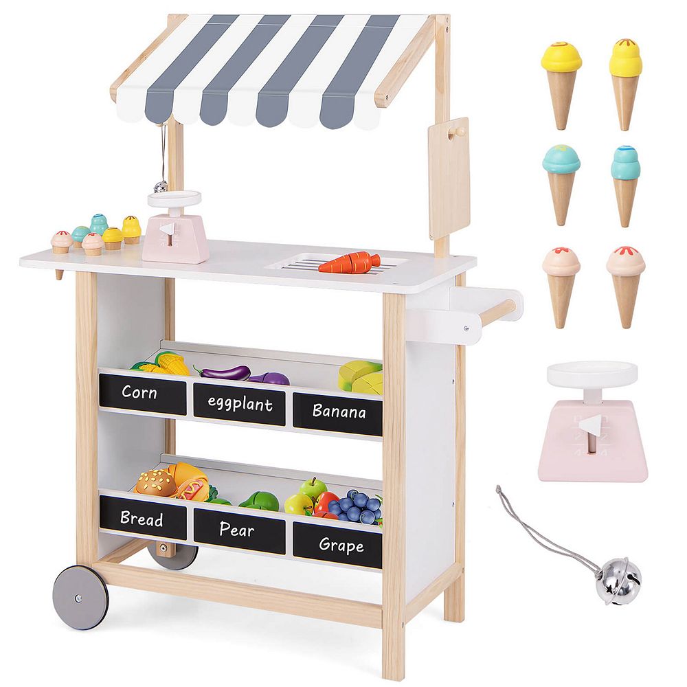 Costway Kids Ice Cream Cart Wooden Farmers Market Stand with