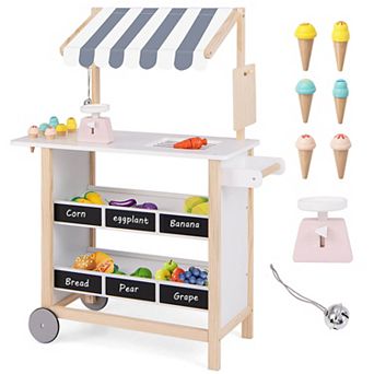 Costway Kids Ice Cream Cart Wooden Farmers Market Stand with Chalkboard & Storage