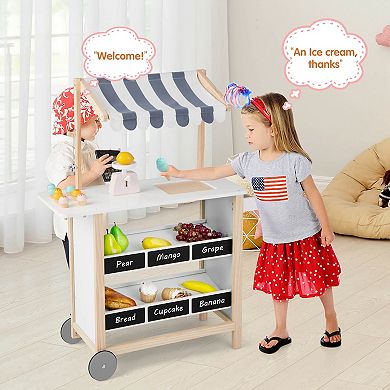 Costway Kids Ice Cream Cart Wooden Farmers Market Stand with Chalkboard & Storage