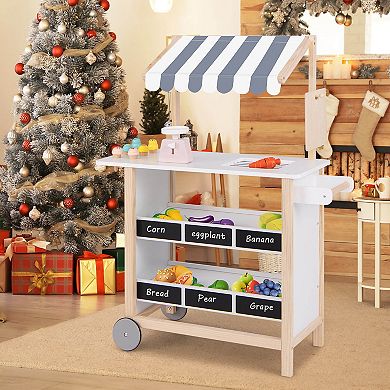 Costway Kids Ice Cream Cart Wooden Farmers Market Stand with Chalkboard & Storage