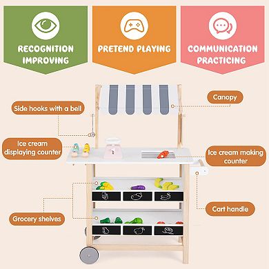 Costway Kids Ice Cream Cart Wooden Farmers Market Stand with Chalkboard & Storage