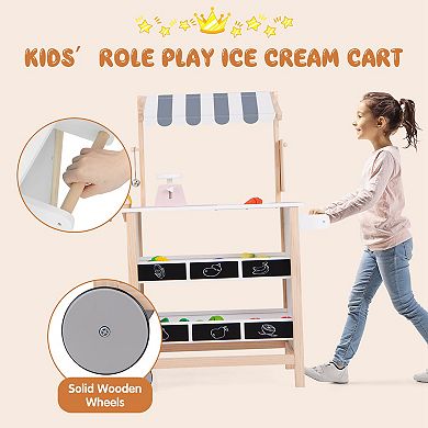 Costway Kids Ice Cream Cart Wooden Farmers Market Stand with Chalkboard & Storage