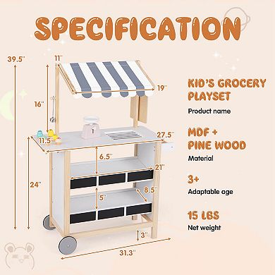 Costway Kids Ice Cream Cart Wooden Farmers Market Stand with Chalkboard & Storage