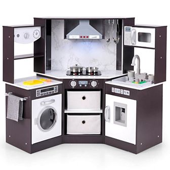 Costway Wooden Play Kitchen with Lighted Range Hood and Realistic Sounds