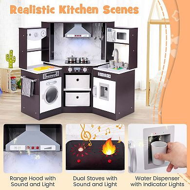 Costway Wooden Play Kitchen with Lighted Range Hood and Realistic Sounds