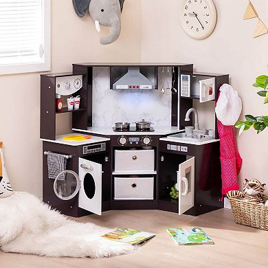 Costway Wooden Play Kitchen with Lighted Range Hood and Realistic Sounds