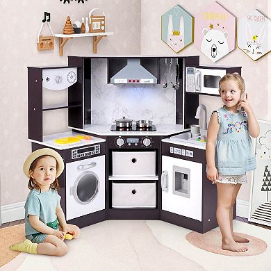 Costway Wooden Play Kitchen with Lighted Range Hood and Realistic Sounds
