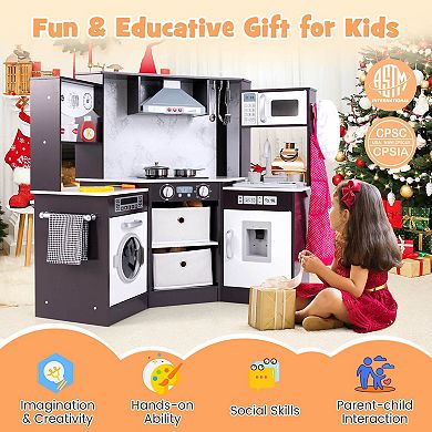 Costway Wooden Play Kitchen with Lighted Range Hood and Realistic Sounds