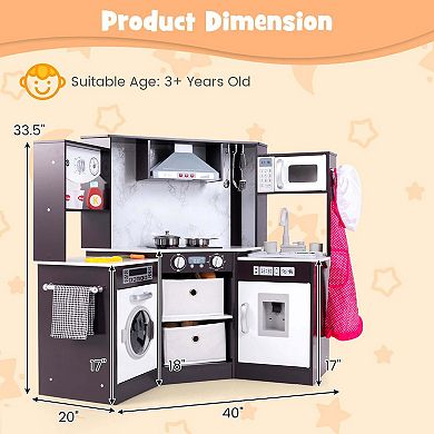 Costway Wooden Play Kitchen with Lighted Range Hood and Realistic Sounds