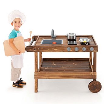 Costway Wooden Mud Play Kitchen Cart with Sink & Stoves
