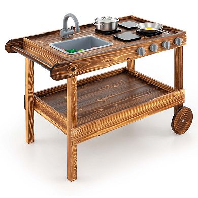 Costway Wooden Mud Play Kitchen Cart with Sink & Stoves