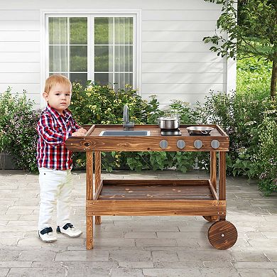 Costway Wooden Mud Play Kitchen Cart with Sink & Stoves