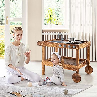Costway Wooden Mud Play Kitchen Cart with Sink & Stoves
