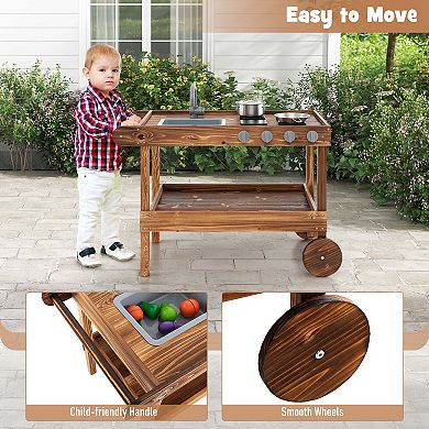 Costway Wooden Mud Play Kitchen Cart with Sink & Stoves