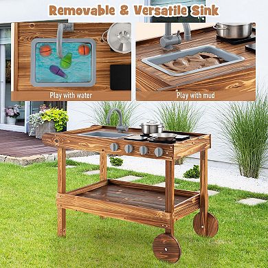 Costway Wooden Mud Play Kitchen Cart with Sink & Stoves