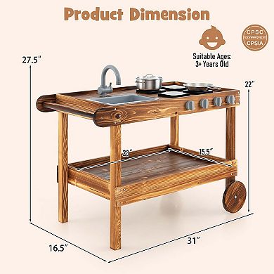 Costway Wooden Mud Play Kitchen Cart with Sink & Stoves